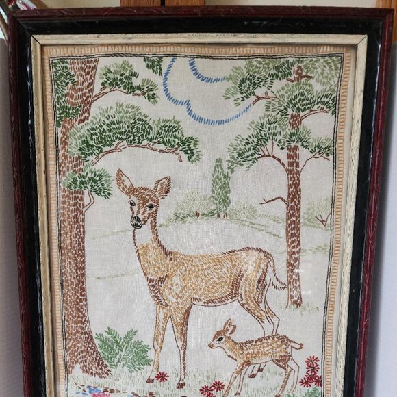 Vintage 1940's Original Handmade Needle Work Doe And Fawn Tapestry Framed 18x 23 - Picture 2 of 6